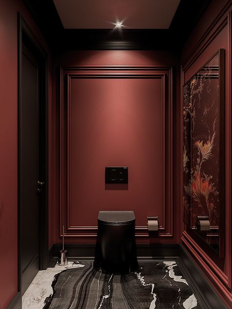 Red Toilet Design, Luxury Wc Design, Dark Red Bathroom, Luxe Bathroom Decor, Burgundy Bathroom, Vintage Bathroom Ideas, Vintage Design Ideas, Latest Bathroom Designs, Restaurant Bathroom