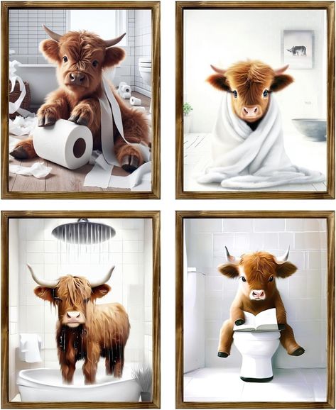 Amazon.com: TWNSLLA Highland Cow Funny Bathroom Decor Wall Art,Bathroom Highland Cow Art Prints,Rustic Farmhouse Bathroom Wall Decor,Funny Bathroom Signs Animal Canvas Wall Art,UNFRAMED,8x10inchx4pcs: Posters & Prints Highlander Cow Bathroom Ideas, Bathroom Cow Decor, Funny Animal Bathroom Art, Highland Cow Bathroom Decor Ideas, Farm Animal Bathroom Decor, Highland Cow Bathroom Decor, Highland Cow Bathroom Ideas, Cow Bathroom Ideas, Cow Print Bathroom