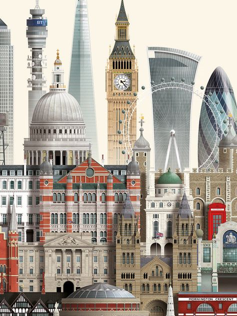 London Buildings Illustration, Buildings In London, London Graphic Design, London Landmarks Illustration, London Collage, London Landscape, London Artwork, Architecture Blueprints, London Illustration