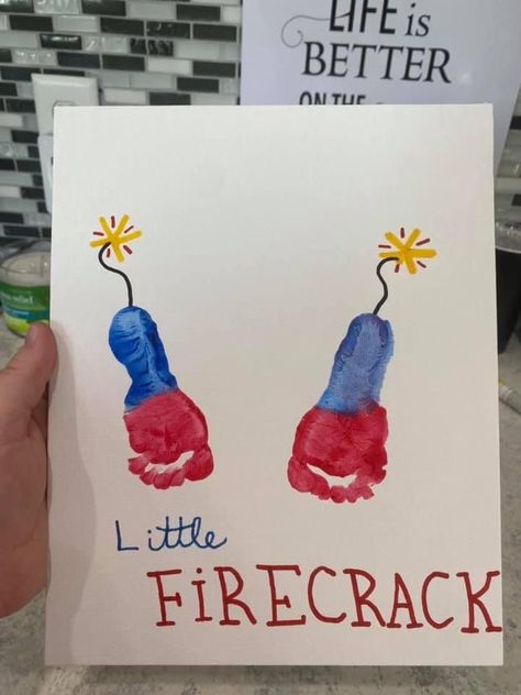 Art Crafts For One Year Olds, Fire Cracker Footprint Art, Pandas, 4th Of July Baby Painting, Toddler Art 4th Of July, Art And Craft For Infants, July 4th Baby Craft, Infant Crafts Daycare Summer 4th Of July, Baby’s First Fourth Of July Crafts