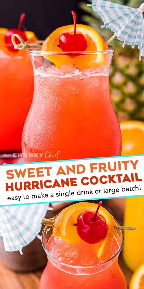 With just one sip, this Hurricane Cocktail will make you feel like you’re on an island vacation! Easy to make just a single drink, or scale it up for a party! #rum #cocktail #drink Margaritas, Rum Drinks Recipes, Fruity Alcohol Drinks, Strong Cocktails, The Chunky Chef, Chunky Chef, Cocktail Drinks Alcoholic, Alcholic Drinks, Summer Drinks Alcohol