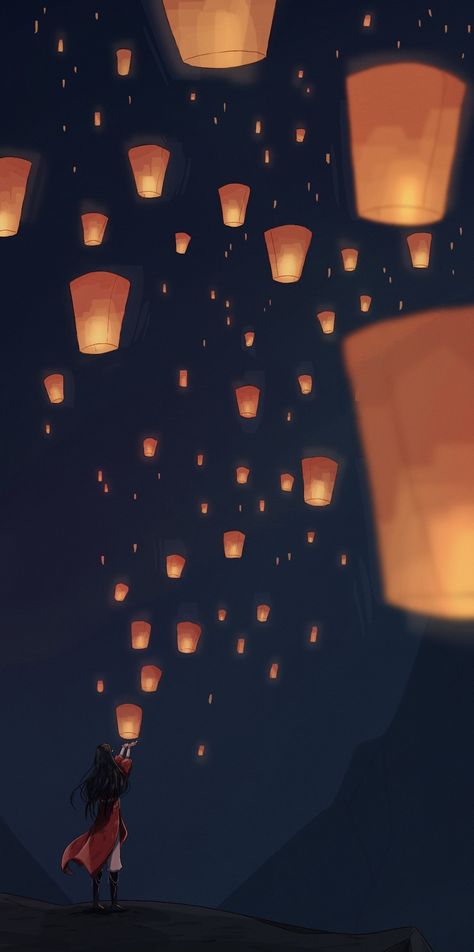 Tumblr, Flying Lanterns Aesthetic, Sky Lantern Drawing, Japanese Lanterns Drawing, Sky Lanterns Wallpaper, Lanterns Drawing, Lantern Wallpaper, Lantern Drawing, Festival Paint