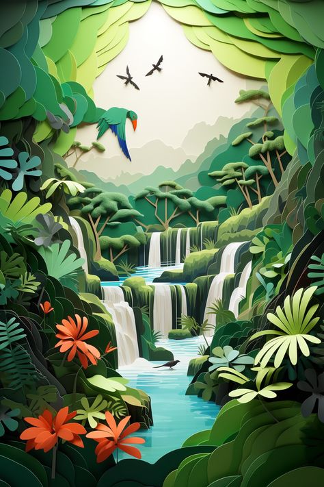 prompt: A paper cut craft style scene of a tropical rainforest, with lush green foliage, exotic birds, and a cascading waterfall --ar 2:3 Forest Paper Art, Paper Cut Forest, Rainforest Concept Art, Tropical Rainforest Drawing, Forest Papercut, Rainforest Drawing, Paper Waterfall, Rainforest Art, Waterfall Drawing