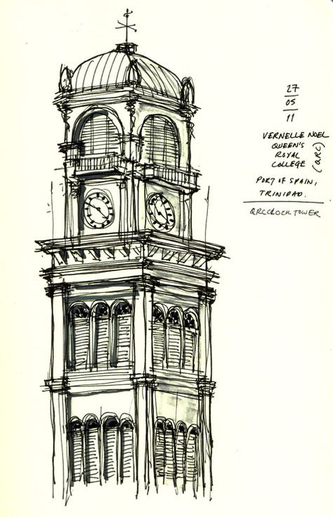 Clock Tower Apartment, Clock Tower Sketch, Clock Tower Tattoo, Clock Tower Drawing, Minecraft Clock Tower, Tower Sketch, Tower Drawing, Fancy Clock, Port Of Spain Trinidad