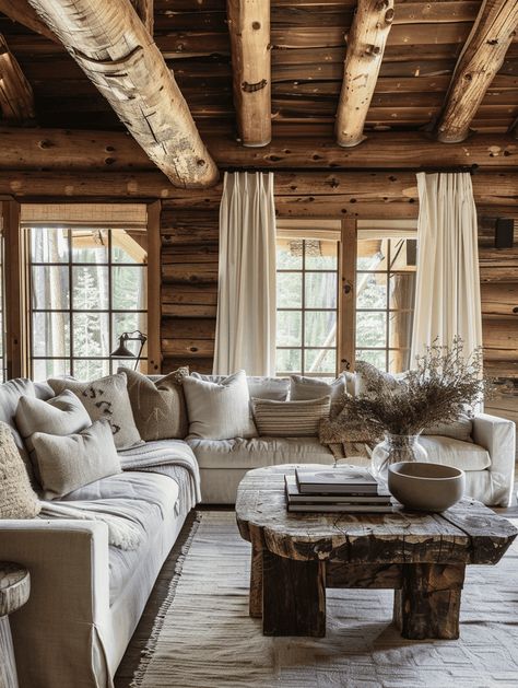 Rustic Log Cabins: Plush Sectionals and Rustic Coffee Table Design Modern Cabin Furniture, Log Cabin Family Room, Log Cabin Vibes, Lake Cabin Interiors Living Room, Log Cabin Curtain Ideas, Glam Cabin Decor, Bright Log Cabin Interior, Modern Log Cabin Interior Design, Updated Log Cabin Interior