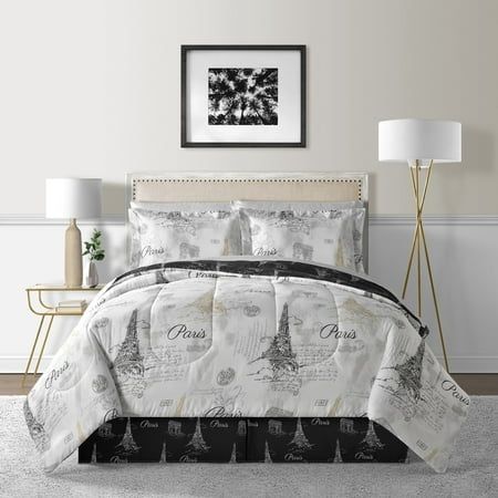 Bring the iconic elegance of the Parisian monument to your bedroom with the Lanwood Home Paris Sketch 8-Piece Comforter Set. The all-over print features the stunning Eiffel Tower in gold hues, surrounded by French phrases in a beautiful cursive script. The reverse side provides perfect contrast, making it fashionably classic for any Francophile's bedroom. This set includes a comforter, two shams, bedskirt, and a four-piece sheet set, all of which are machine washable for easy care. Features: Ele Paris Sketch, Linen Comforter, King Size Comforters, Cursive Script, French Phrases, Ooh La La, Bed In A Bag, King Comforter Sets, Queen Comforter Sets