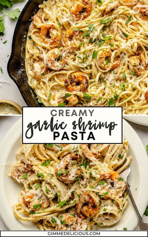 Garlic Shrimp Pasta is easy to make with just a handful of ingredients, and can be on the dinner table in less than 30 minutes! A simple parmesan cheese cream sauce is stirred together, and then tossed with seasoned pan-fried shrimp and linguine noodles. It’s an insanely delicious meal and sure to become a new family favorite! Creamy Garlic Butter Shrimp Pasta, Dinners With Shrimp Easy, Simple Dinner Recipes For Two Healthy, Creamy Garlic Lemon Shrimp Pasta, Shrimp Recipes Pasta Healthy, Shrimp Scampi And Linguine Recipe, Easy Pasta Recipes Shrimp, Quick Dinner Ideas Shrimp, Grilled Shrimp And Pasta Recipes