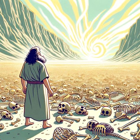 A cartoon style illustration depicting the biblical vision of the Valley of Dry Bones from Ezekiel 37. The scene shows the prophet Ezekiel standing in a vast valley filled with scattered dry bones. It's clear from the sheer number and arrangement of the bones that they once belonged to an entire army. Above him, a representation of God's Spirit, possibly depicted as a swirling presence or a... The Valley Of Dry Bones, Prophet Ezekiel, Bible Scenes, Valley Of Dry Bones, Animated Bible, Ezekiel 37, Dry Bones, Bible Illustrations, Bible Characters