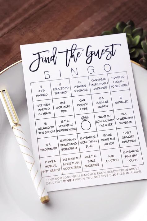 Personal Wedding Touches, Wedding Games For Reception, Bingo Bridal Shower Game, Find The Guest Bingo, Guest Bingo, Engagement Party Games, Wedding Games For Guests, Find The Guest, Bridal Shower Bingo