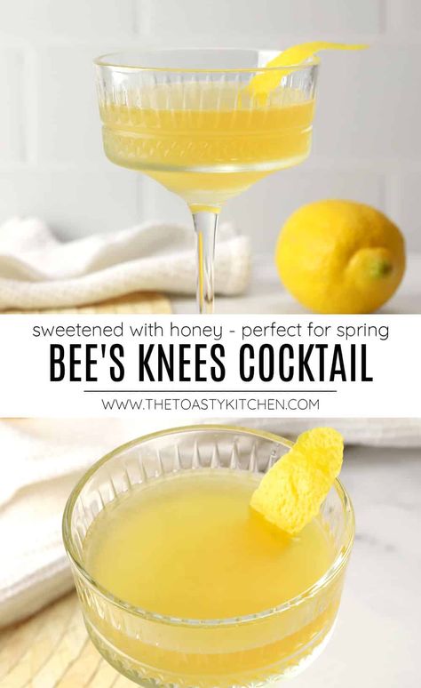 Bee's knees recipe by The Toasty Kitchen. A bee's knees is a tart and crisp cocktail made with gin, honey, and fresh lemon juice. Serve bee's knees shaken and chilled with a lemon peel garnish at your next spring party. #beesknees #springcocktail #lemoncocktail #drink #alcoholic #cocktail Lemonade Recipe With Lemon Peel, Honey Bee Gin Drink, Honey Alcoholic Drink, Bee’s Knees Cocktail, Watermelon Lemon Drop, The Bees Knees Cocktail, Bees Knees Cocktail Recipe, Bees Knees Drink, Honey Bee Cocktail