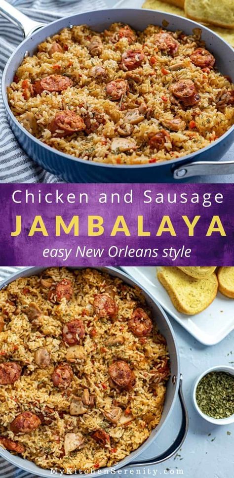 Chicken and Sausage Jambalaya is a family favorite!  Boneless skinless chicken thighs and smoked sausage simmered with onion, bell pepper, and celery (trinity), rice, and lots of Cajun flavors.  This authentic, easy jambalaya recipe is a delicious one pot dish. Not to mention, Mardi Gras wouldn’t be the same without this wonderful Cajun food! You'll enjoy every spicy, savory bite of chicken, sausage, rice, and the perfect blend of seasonings. Bring New Orleans into your own kitchen! Crockpot Chicken Jambalaya, Recipes For Jambalaya, Rice Chicken Sausage Recipe, Gumbo Rice Recipe, Cajun Chicken Sausage Rice, Crockpot Chicken And Sausage Jambalaya, Chicken And Andouille Jambalaya, Chicken Jumblya, Not Spicy Jambalaya Recipe