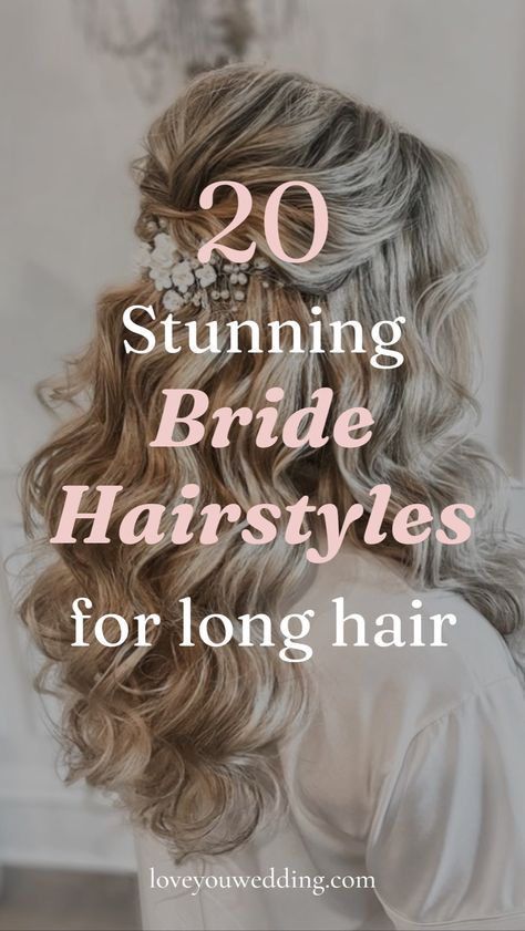 Find the perfect wedding hairstyles for long hair with our collection of 20 stunning long wedding hair ideas for wedding updos, half up half down, long wedding hair, and more. These long wedding hairstyles are the perfect bride hairstyle inspiration for your wedding day beauty. Wedding Day Long Hair Styles, Long Thick Hair Wedding Styles, Wedding Hair Windy Day, Wedding Styles Half Up Half Down, Waist Length Wedding Hair, Wedding Hairstyles With Long Hair, Wedding Half Up Hair With Veil, Bride Wedding Hair Long, Wedding Hair For Long Hair Half Up