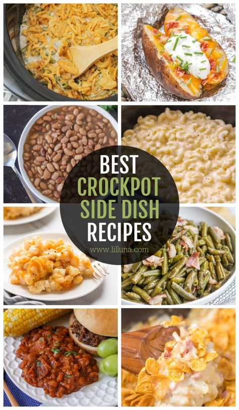 These set it and forget it side dishes won't heat the kitchen and can be made the morning of for a less stressful evening. Crockpot side dishes are delicious and easy. Win-win! #crockpot #slowcooker #crockpotsidedishes #sidedishes Crockpot Side Dish Recipes, Crockpot Cookout Sides, Crockpot Bbq Side Dishes, Crockpot Bbq Sides, Christmas Party Side Dishes, Crockpot Breakfast Potatoes, Side Dishes Crockpot, Christmas Recipes Dinner, Crockpot Potluck