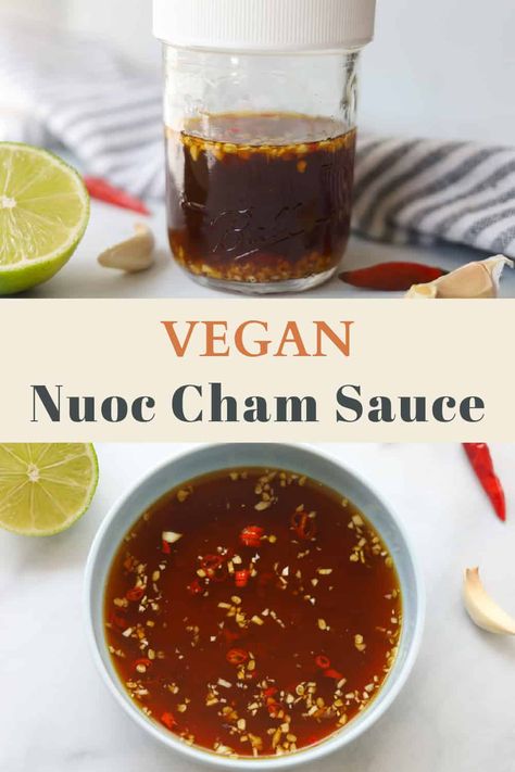 Nuoc cham chay is a Vietnamese vegan and vegetarian dipping sauce used for spring rolls, rice noodles, and rice bowls. Made with soy sauce, lime juice, water, garlic, sugar and optional thai chili peppers. It adds a bright and tart flavor with a bit of umami and sweetness to any dish. Get the recipe on www.apeachyplate.com Nuoc Cham Sauce Recipe, Vegan Dipping Sauce, Spring Roll Dipping Sauce, Thai Chili Peppers, Thai Dipping Sauce, Thai Red Chili, Spring Roll Sauce, Vegetarian Spring Rolls, Nuoc Cham