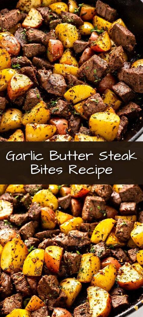 If you are a steak and potatoes kind of person, this is the ultimate recipe for you. Tender garlic butter steak bites with fragrant pan-fried potatoes infused with fresh herbs make this one of the best dinner ideas with steak tips ever. Essen, Butter Steak Bites Recipe, Garlic Butter Steak Bites, Butter Steak Bites, Steak Dinner Recipes, Steak Bites Recipe, Butter Steak, Clean Protein, Fodmap Friendly