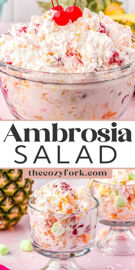 Ambrosia Salad With Sour Cream Green Ambrosia Salad, 4th Of July Ambrosia Salad, Watergate Salad Recipe Ambrosia, Pink Ambrosia Salad, Peach Cheesecake Salad, Church Salad Recipes, Easy Make Ahead Salads For A Crowd, Ambrosia Salad Classic, Potluck Fruit Salad