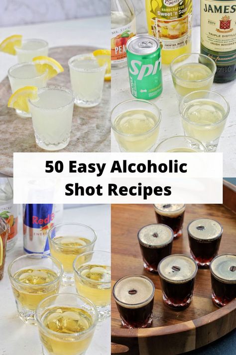 four different types of alcoholic shots. Party Shots Alcohol, Shooters Alcohol Recipes, Easy Shots To Make, Mini Beer Shots, Yummy Shots, Easy Shot Recipes, Shots To Make, Shots Alcohol Recipes, Breakfast Shot