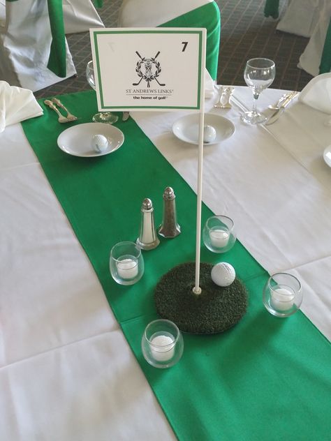 Golf themed wedding at Idlewild Country Club in Flossmoor, IL Golf Flag/Putting Green Table numbers with names of different country clubs on each. https://www.facebook.com/IdlewildCountryClub Golf Flag Table Numbers, Country Club Party Theme, Country Club Theme Party, Wedding Themes Green, Caddyshack Party, Golf Themed Wedding, Golf Couple, Green Table Numbers, Client Events