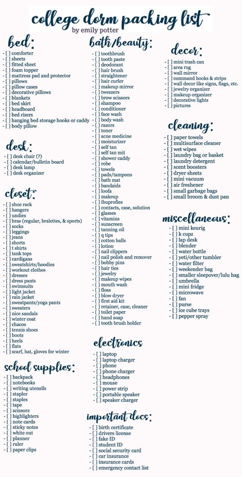 College Checklist, College Dorm List, Dorm Packing, College Dorm Checklist, Dorm Room Checklist, Dorm Shopping, Dorm Checklist, College Dorm Room Inspiration, College Necessities