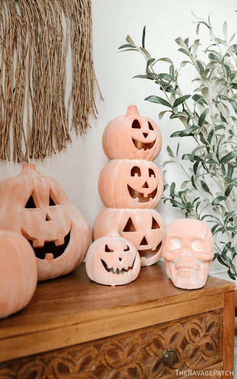 DIY Terracotta Pumpkins (Pottery Barn Dupe) | How to make viral terracotta pumpkins | Pottery Barn knockoff | How to get terracotta look with paint | Faux terracotta painting | Stone effect painting | Faux stone painting | Dollar Store pumpkin craft | Dollar Tree pumpkin craft | Easy fall craft ideas | Dollar Tree fall craft DIY | Pottery Barn dupe ideas | Pumpkin decor ideas | #TheNavagePatch | TheNavagePatch.com Terracotta Pumpkin Diy, Diy Terracotta Pumpkin, Homemade Fall Decorations, Terra Cotta Pumpkins, Terracotta Pumpkins, Terracotta Painting, Diy Faux Rocks, Pumpkin Decor Ideas, Pumpkin Pottery