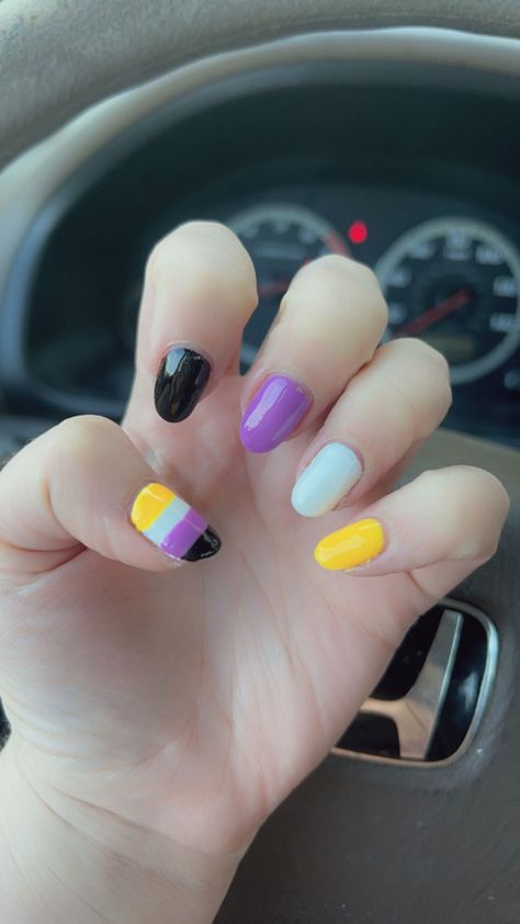 Acrylic Nails For Tomboys, Nonbinary Flag Nails, Non Binary Nails Designs, Pan Flag Nails, Non Binary Nail Art, Nonbinary Nail Art, Aroace Nails, Transgender Nails, Cute Pride Nails