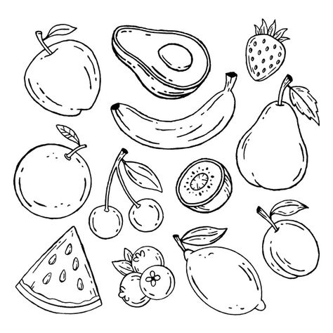 Doodle Leaves, Fruit Doodle, Fruit Coloring, Fruit Sketch, Vegetable Drawing, Fruit Tattoo, Fruit Coloring Pages, Fruits Drawing, صفحات التلوين