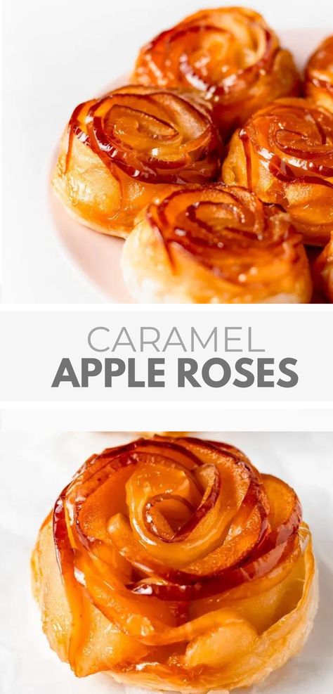 Apple Roses Puff Pastry Recipe Apple Cream Cheese Rose Tarts, Mini Apple Tart Recipe, Puff Pastry Recipes Thanksgiving, Mini Apple Tart Tatin, Caramel Apple Tarte Tatin, Apple Roses Dessert, Apple Blossom Puff Pastry, Flower Apple Pie, Pastry With Apples