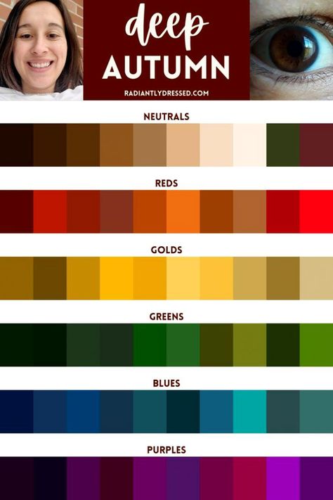 The Radiantly Dressed comprehensive guide to Deep Autumn in the 12 season system of color analysis. Autumn Color Season, Warm Skin Tone Colors, Deep Autumn Makeup, Radiantly Dressed, Deep Autumn Palette, Autumn Color Palette Fashion, Autumn Color Palette, Autumn Skin, Deep Autumn Color Palette