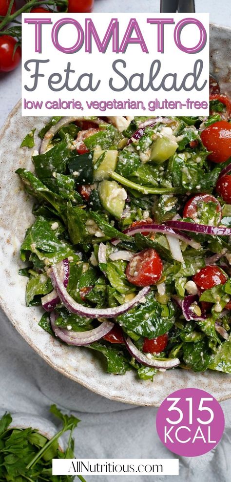 Spinach Salad Recipes Easy, Tomato Salad With Feta, Spinach Feta Salad, Salad With Feta Cheese, Low Calorie Salad, Spinach Tomato, Feta Cheese Salad, Side Salad Recipes, Salad With Feta