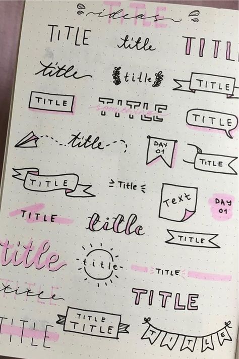 Check out the 20+ best pink themed bullet journal headers and title spreads for inspiration! #bujoheader #bujodoodle #bujo #bulletjournal Notes Ideas Title, Fonts Heading, Cute Notes Ideas, Cute Note Ideas, Paper Notes Ideas, Bullet Journal Headings, Title Aesthetic, Title Page Ideas, Notesbog Design