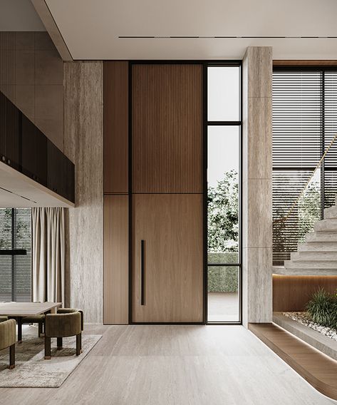 Villa Marrakech, Double Height Living Room, Oak House, Modern Entrance Door, Casa Clean, Interior Minimal, Modern Entrance, Luxury Modern Homes, Double Height