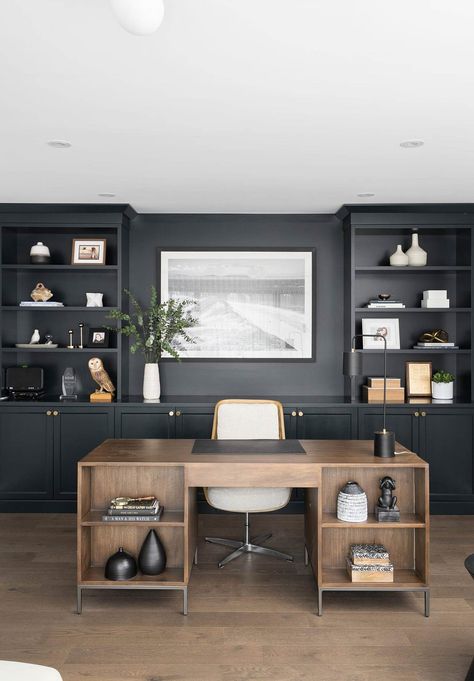 Office Crown Molding, Home Office With Computer Monitor, Light And Airy Home Office, Study Built Ins, Home Office Computer Setup, Office Blueprints, Office For Him, Masculine Home Office, Black Home Office