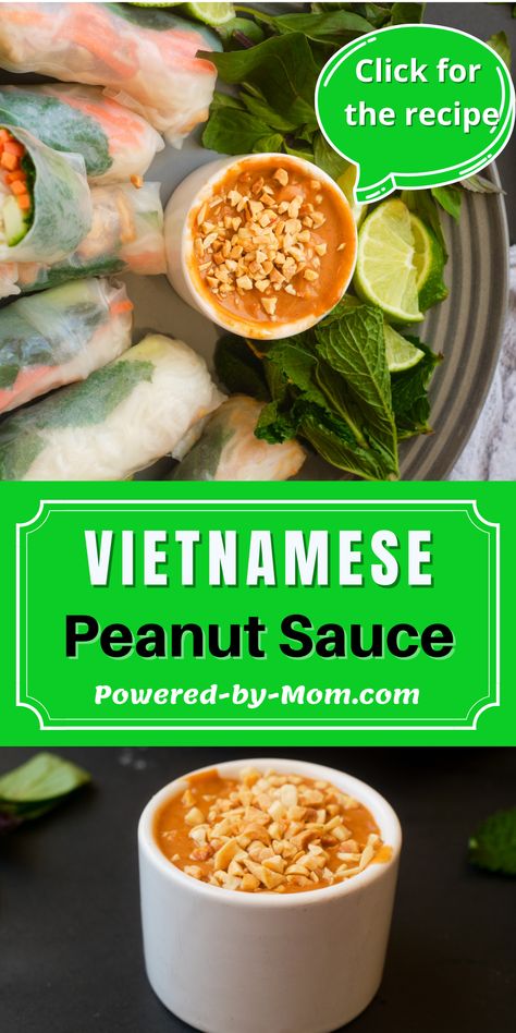 This authentic Vietnamese peanut sauce recipe is very easy to make and only needs a handful of ingredients. It’s delicious when it’s paired with Vietnamese Summer Rolls or as we always called them growing up Salad Rolls. Get this easy recipe now. Essen, Vietnamese Salad Rolls With Peanut Sauce, Peanut Sauce Vietnamese, Vietnamese Sauces Recipes, Vietnamese Peanut Dipping Sauce, Easy Vietnamese Food, Authentic Thai Peanut Sauce, Vietnamese Spring Rolls Peanut Sauce, Vietnamese Sauce Recipe