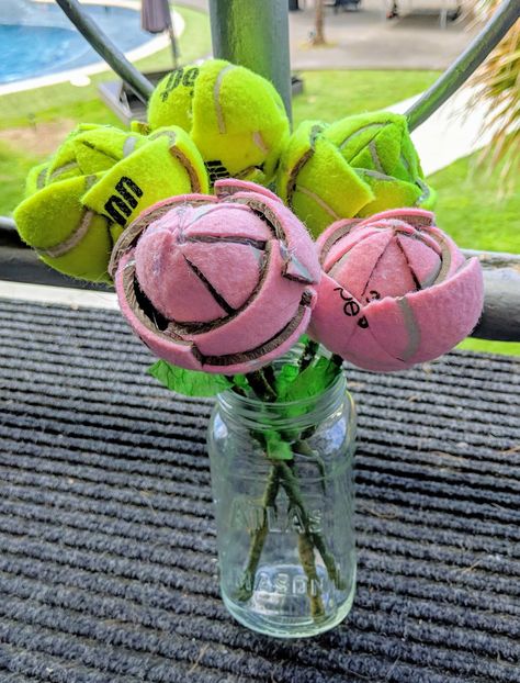 Tennis ball flowers from https://www.etsy.com/shop/CloversFortune Tennis Ball Bouquet, Tennis Core, Ball Bouquet, Ball Flowers, Tennis Art, Kids Tennis, Tennis Life, Tennis Gifts, Dog Presents