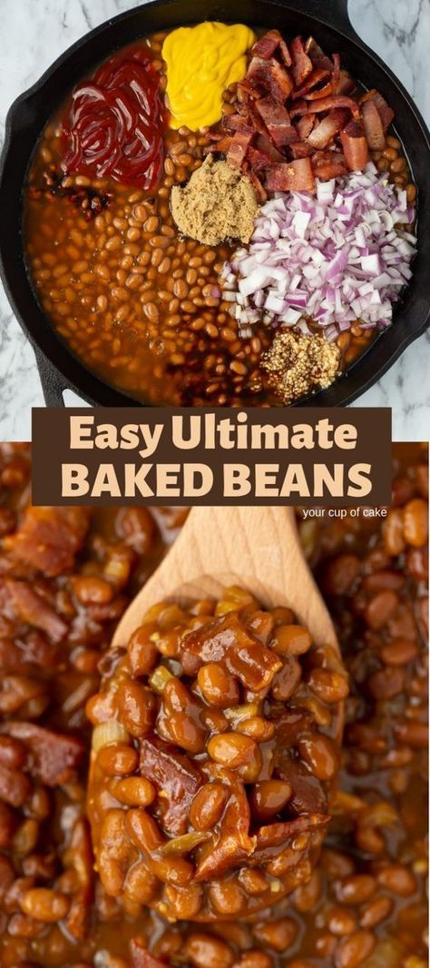 Make canned beans even better with this AWESOME recipe! Easy Ultimate Baked Beans Baked Bean Side Dish Recipes, Bean Pot Baked Beans, Baked Beans From Pork And Beans Recipe, Dressing Up Canned Baked Beans, Best Crock Pot Baked Beans, Pork Belly Baked Beans, Doctored Bush’s Baked Beans, Crockpot Baked Beans Recipe, Baked Beans With Pork Belly