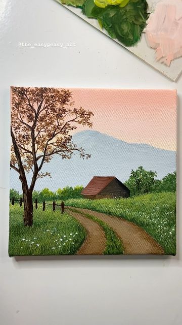 Nature Pictures Painting Easy, Simple Paintings Tutorials, Canvas Paintings Easy Simple, Painting Idea Landscape, Painting Ideas On Canvas Easy Cute, Nature Scene Painting Easy, Painting Of Landscape Nature, Painting On Medium Canvas, Beginner Scenery Painting