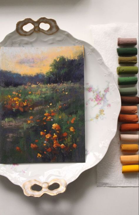 Pastel Inspo Art, Chalk Pastel Flower Drawing, Landscape Art Oil Pastel, Dry Pastel Landscape, Chalk Pastel Flowers, Landscape Soft Pastel, Soft Pastels Landscape, Soft Pastel Art Landscape, Pastel Artwork Easy