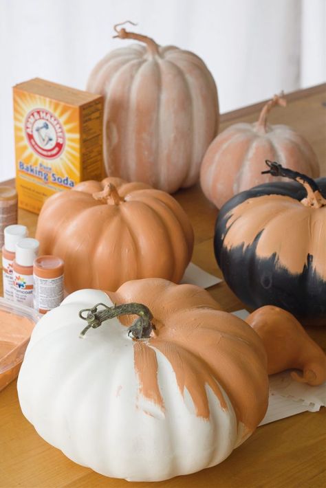 Faux Terracotta Pumpkin Diy, Painted Craft Pumpkins, Diy Terracotta Paint, Painted Pumpkins With Baking Soda, Baking Soda Pumpkins, How To Make Terracotta Pumpkins, Baking Soda In Paint, How To Make Terracotta Color, Baking Soda Pumpkin Painting