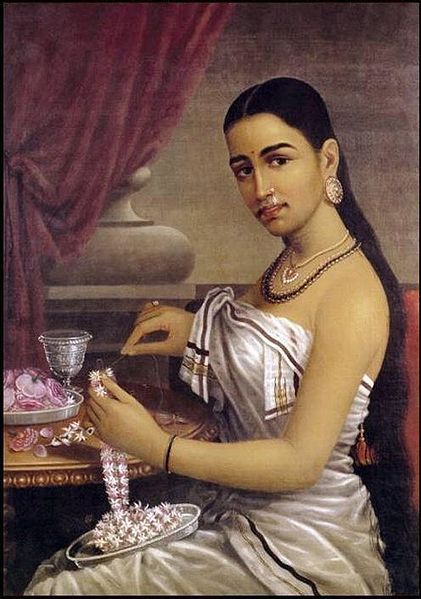 Lady with Flower Garland by Raja Ravi Varma (1848-1906) Raja Ravi Varma Paintings, Ravi Varma Paintings, Ravivarma Paintings, Lovely Paintings, Raja Ravi Varma, Ravi Varma, India Painting, History Project, Indian Painting