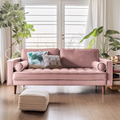 Pink Couch Living Room, Tufted Velvet Sofa, Velvet Tufted Sofa, Moody Decor, Pink Couch, Pink Furniture, Sofa Velvet, Couch Design, Square Arm Sofa