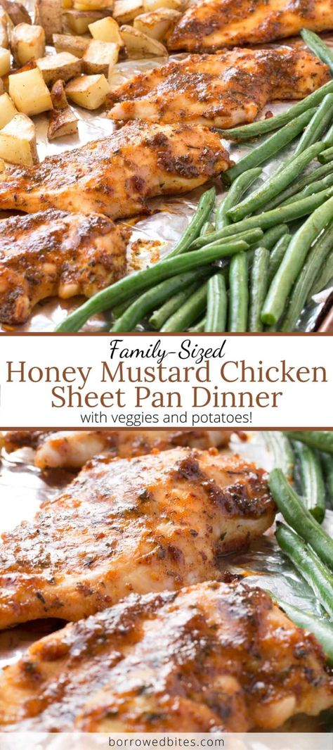 Chicken sheet pan dinners are a dream on a busy weeknight! This Honey Mustard Chicken Sheet Pan Dinner (with veggies and potatoes) won’t disappoint! The sauce is loaded with flavor for a sweet and savory dinner that’s accidentally healthy. Plus tips for keeping the chicken breasts juicy and the veggies perfectly roasted whether cooking for a large or small family. #sheetpan #sheetpandinners #sheetpanrecipes #easyrecipe #easydinner #chicken #chickenfoodrecipes #easyhealthymeals #weeknightdinner # Chicken And Vegetable Dinner Ideas, Sheet Pan Honey Glazed Chicken And Potatoes, Chicken Meal For Two, Easy Meals For Small Family, Sheet Pan Chicken Veggies And Potatoes, Simple But Healthy Dinners, Veggie Plate Dinner Ideas, Chicken Sheet Pan Recipes Easy, One Sheet Pan Meals Chicken Healthy