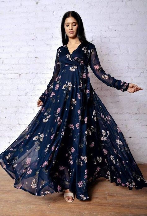 "**RooRichWear Presenting Designer Dark Blue Printed Gown** GOWN ----------------------- Fabric. :- Fox Georgette Work :- Flower Printed Work Sleeve :- 20\" Inch Flare :- 3.5 \"Umbrella flare Size :- M(38) L(40) XL(42) XXL(44) Height :- 52+ Inch Wear :- Dark Blue Knot For an absolutely stunning look, wear this Georgette maxi dress with long sleeve, Its specially designed for comfortableness and Crafted from Georgette. Note : Color may vary due to the photography in the light effect." Flower Print Gown, Full Sleeve Gowns, Maxi Dress Indian, Full Sleeves Design, Floral Dresses With Sleeves, Umbrella Dress, Full Sleeves Dress, Latest Maxi Dresses, Stylish Maxi Dress