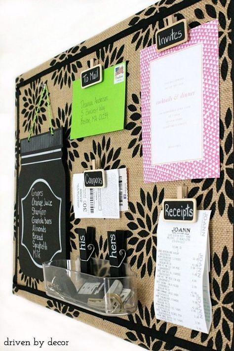 Simple tutorial for creating this cute patterned burlap bulletin board. Love the chalkboard clips! Cool Bulletin Boards, Burlap Bulletin Boards, Office Bulletin Boards, Diy Bulletin Board, Driven By Decor, Church Bulletin Boards, Family Command Center, Post Idea, Paper Clutter