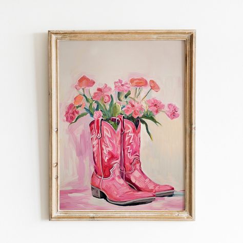 Pink Cowgirl Boots Painting Print Vintage Style Hot Pink - Etsy Canada Mexican Folk Art Painting, Western Nursery, Dorm Room Wall Art, Preppy Decor, Pink Cowgirl Boots, Girly Decor, Hur Man Målar, Dorm Room Walls, Western Wall Art