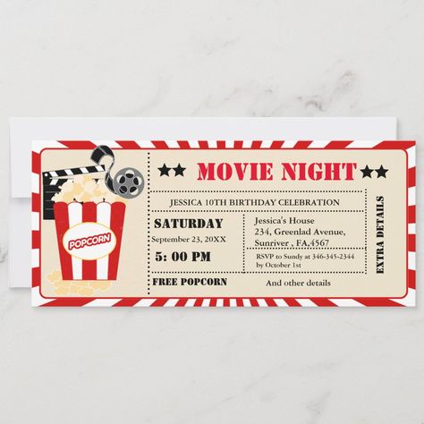 With our Movie Night ticket invitation, you may celebrate your birthday party. Ticket ticket The background is classic red and white. This contemporary movie night party invitation design is ideal for your movie night birthday celebration or cinema night party. Movie Ticket Design, Movie Night Party Invitations, Movie Ticket Birthday Invitations, Night Party Invitation, Ticket Cinema, Ward Activities, Movie Night Tickets, Movie Ticket Invitations, Movie Party Invitations