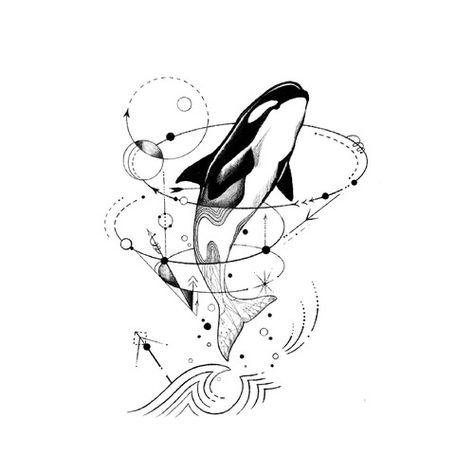 Whale Design Tattoo, Tattoo Ideas Orca, Whale Tattoo Geometric, Orca Whale Tattoo Design, Floral Orca Tattoo, Geometric Whale Tattoo, Orca Whales Tattoo, Orca Tattoo Thigh, Orca Art Drawing