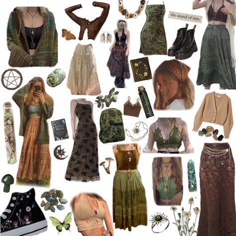 Witchy Earthy Outfits, Earth Witch Outfit Aesthetic, Boho Witch Capsule Wardrobe, Green Witch Clothing Aesthetic, Fairycore Outfit Board, Witchy Fairy Aesthetic Outfits, Witchy Aesthetic Clothing, Cottagecore Punk Outfits, Witchy Vibe Outfit