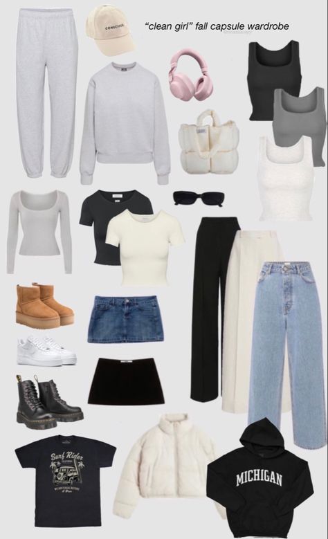 Clean Girl Outfit Inspo For School, Clean Girl Outfit Inspo Winter, Clean Capsule Wardrobe, Clean Girl Wardrobe Capsule, College Essentials Clothes, Basics Wardrobe Essentials Aesthetic, Clean Girl Fashion Aesthetic, It Girl Wardrobe, Fall Class Outfits College