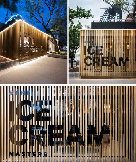 FERRO & ASSOC. Architects Have Designed A New Location Of Lucciano's Ice Cream Café In Argentina Cafe Signage, Cafe Exterior, Container Cafe, Restaurant Exterior, Storefront Design, Modern Cafe, Exterior Signage, Wood Ceramic, Kiosk Design