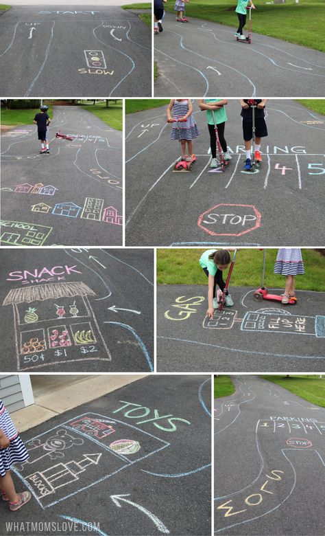 Games With Chalk Outside, Sidewalk Chalk Town And Roadway, 3rd Grade Outdoor Activities, Chalk Outdoor Activities, Outdoor Chalk Games, Side Walk Chalk Obstacle Course Ideas, Chalk Roads For Kids, Outdoor Activities For After School Program, Chalk Bike Track